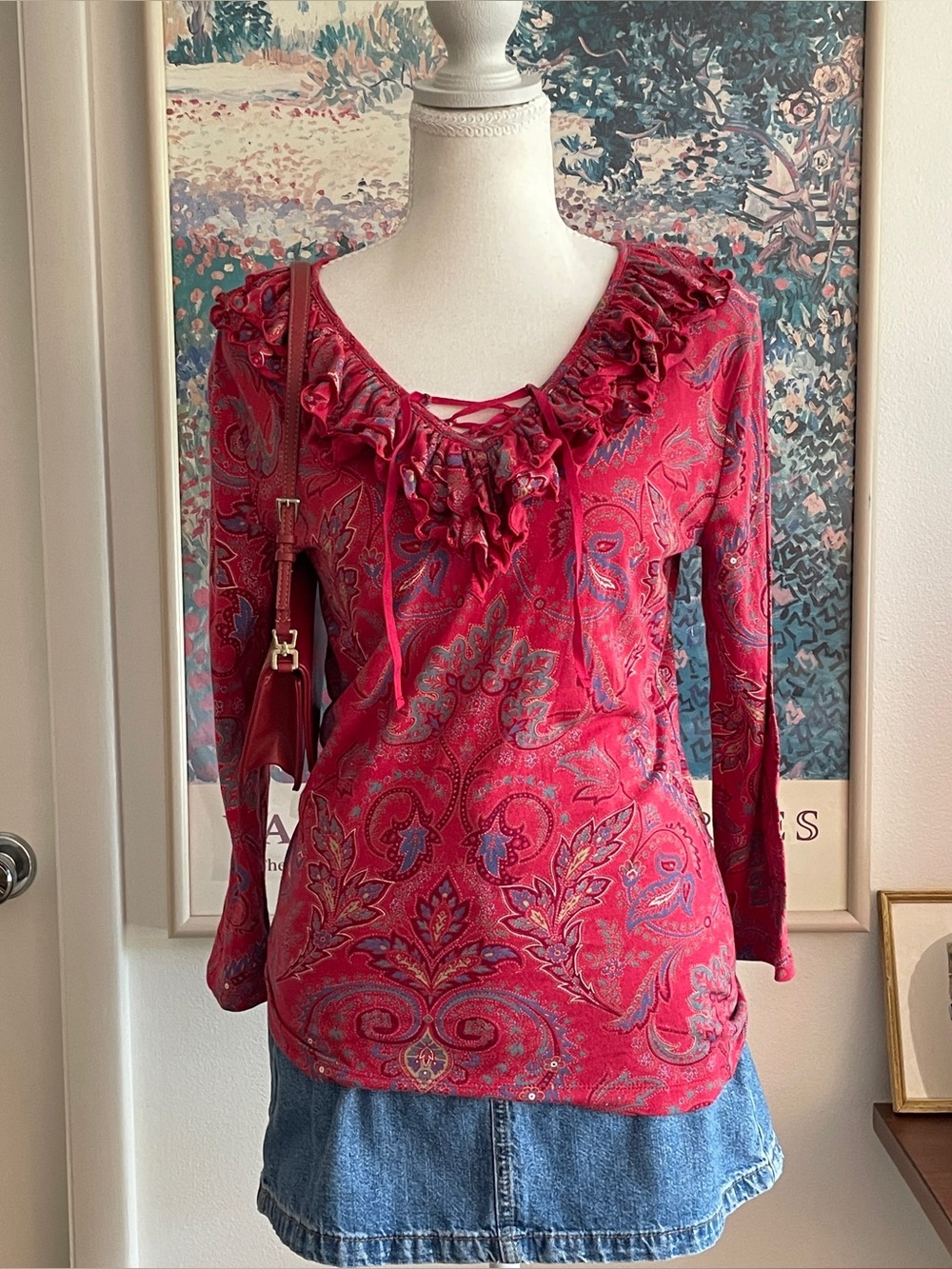 Lauren Ralph Lauren Red Paisley Ruffle Lace Up Top Womens Small Boho 90s Vintage